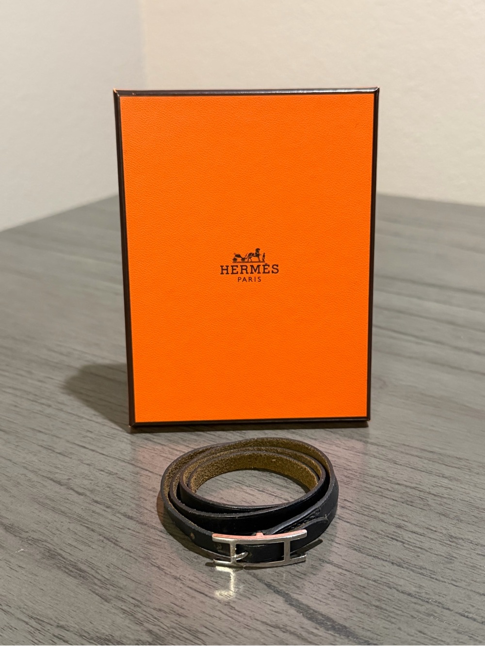 Hermes Black Leather Double Tour Bracelet with Silver 'H' Clasp